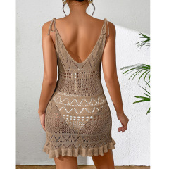 CYBK4194B--Short knitted sling deep V see-through sexy hollow jumpsuit knitted beach skirt