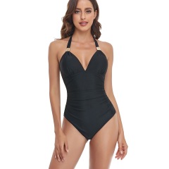 CJ-0005--One-piece women's swimsuit solid color V-neck tie halterneck belly-covering slimming foreign trade swimsuit