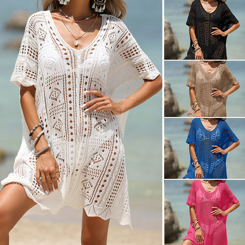 CYBK4213B--Sexy hollow textured deep V loose pullover bikini sunscreen beach cover-up