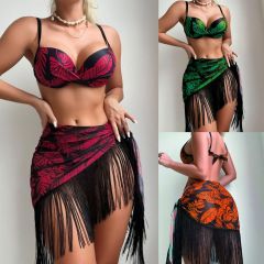 DHM24009--Sexy three-piece swimsuit, sexy push-up printed fringed skirt swimsuit