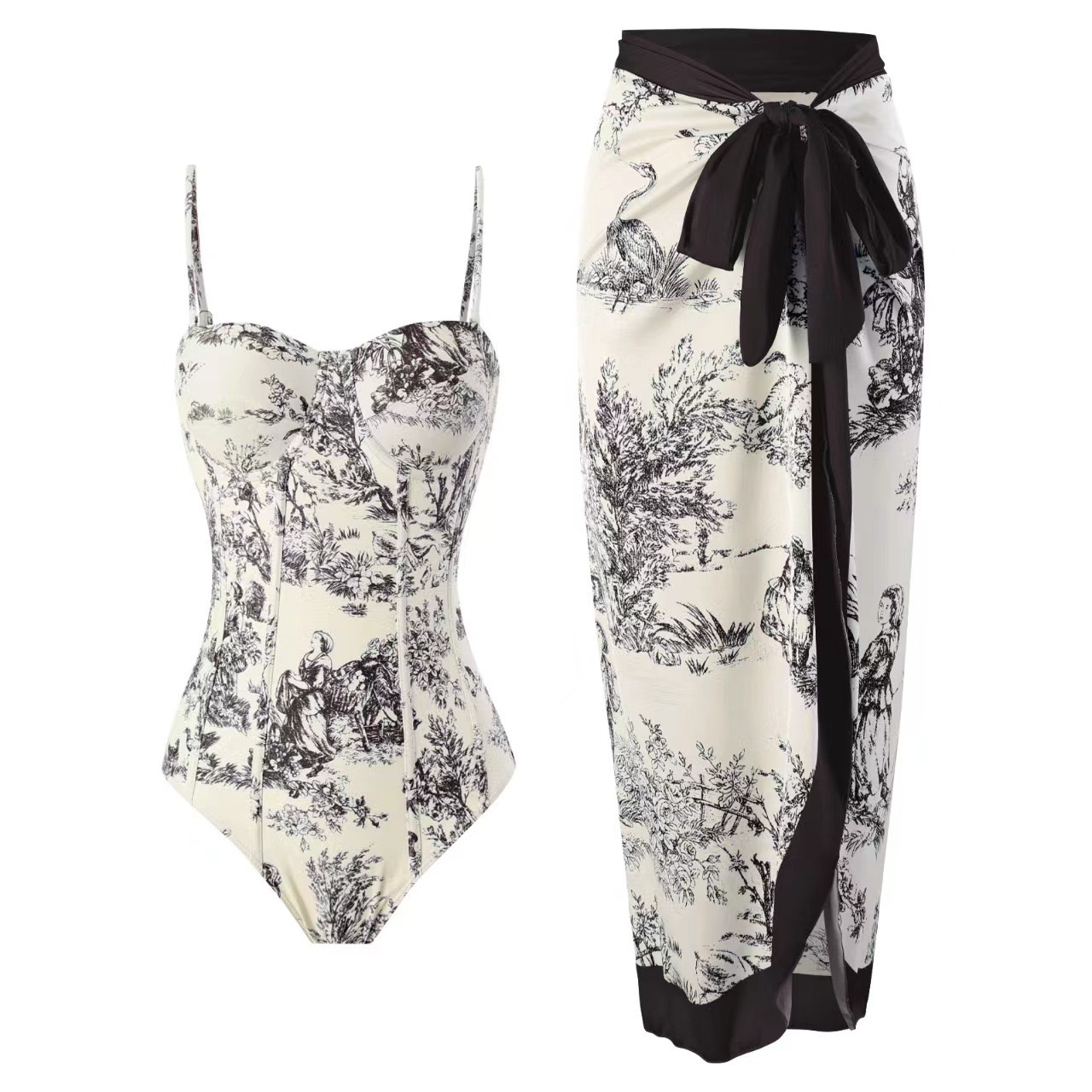 3074--One-piece swimsuit for women, tight-fitting, slimming, retro strapped sunscreen long skirt, two-piece set, hard-packed swimsuit