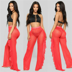 CYBK2052--Ruffled casual sexy mesh pants see-through beach vacation pants