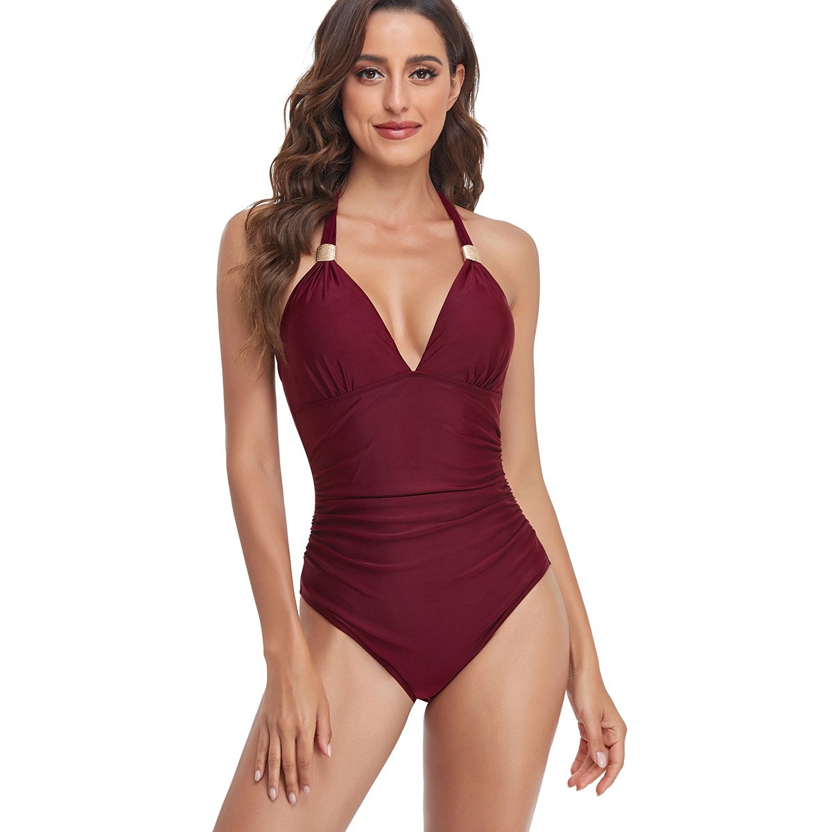 CJ-0005--One-piece women's swimsuit solid color V-neck tie halterneck belly-covering slimming foreign trade swimsuit