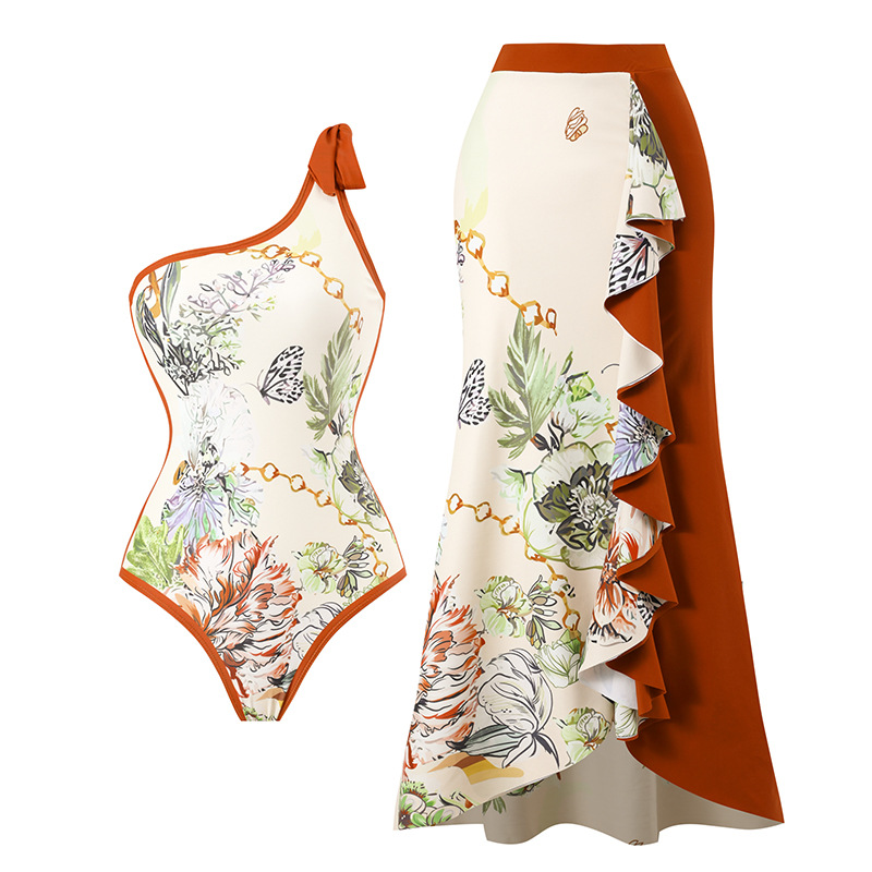 031--Elegant printed patchwork contrasting color beach sun skirt one-shoulder two-piece swimsuit
