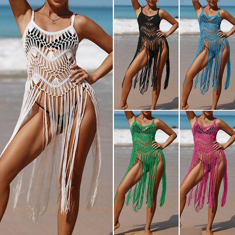 CYBK0139--Sexy hand crocheted hollow fringed beach midi skirt cover-up dress