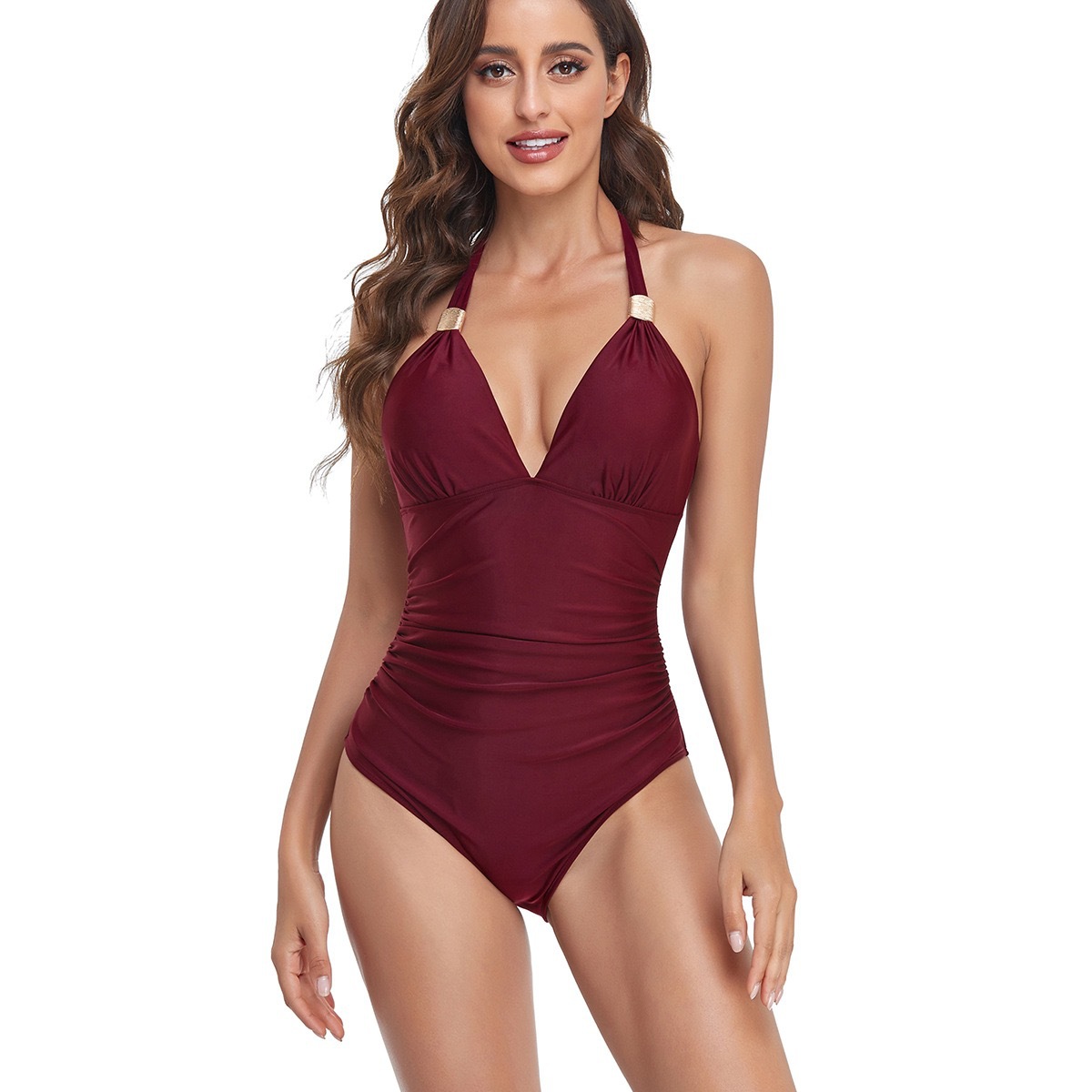 CJ-0005--One-piece women's swimsuit solid color V-neck tie halterneck belly-covering slimming foreign trade swimsuit