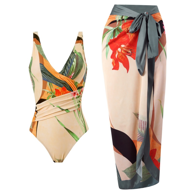 0-31--Two-piece swimsuit cross-over belly-covering printed backpack hip-revealing long skirt swimsuit