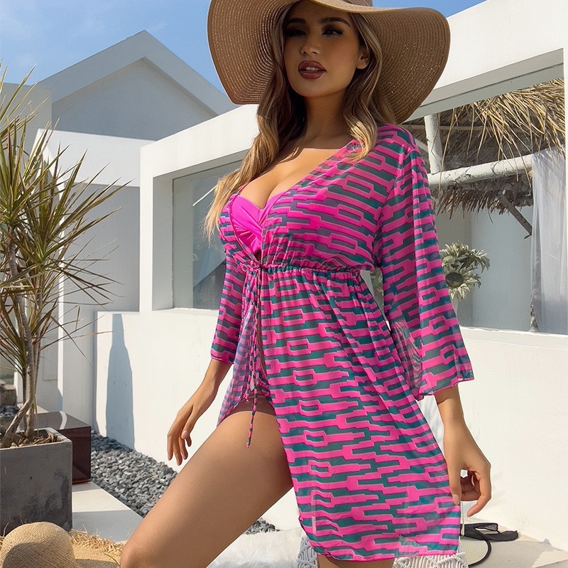 DHM22006--Mesh three-piece swimsuit for women Amazon digital print twist-on sun protection clothing