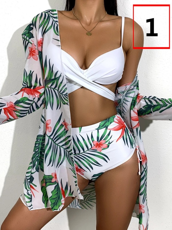 LQ2101---Bikini Sexy Push Up Mesh Three Piece Printed Split Swimsuit for Women