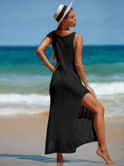CYBK4085B--Sexy backless V-neck solid color breathable knitted beach sun protection cover-up