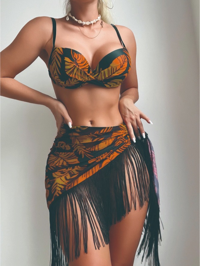DHM24009--Sexy three-piece swimsuit, sexy push-up printed fringed skirt swimsuit
