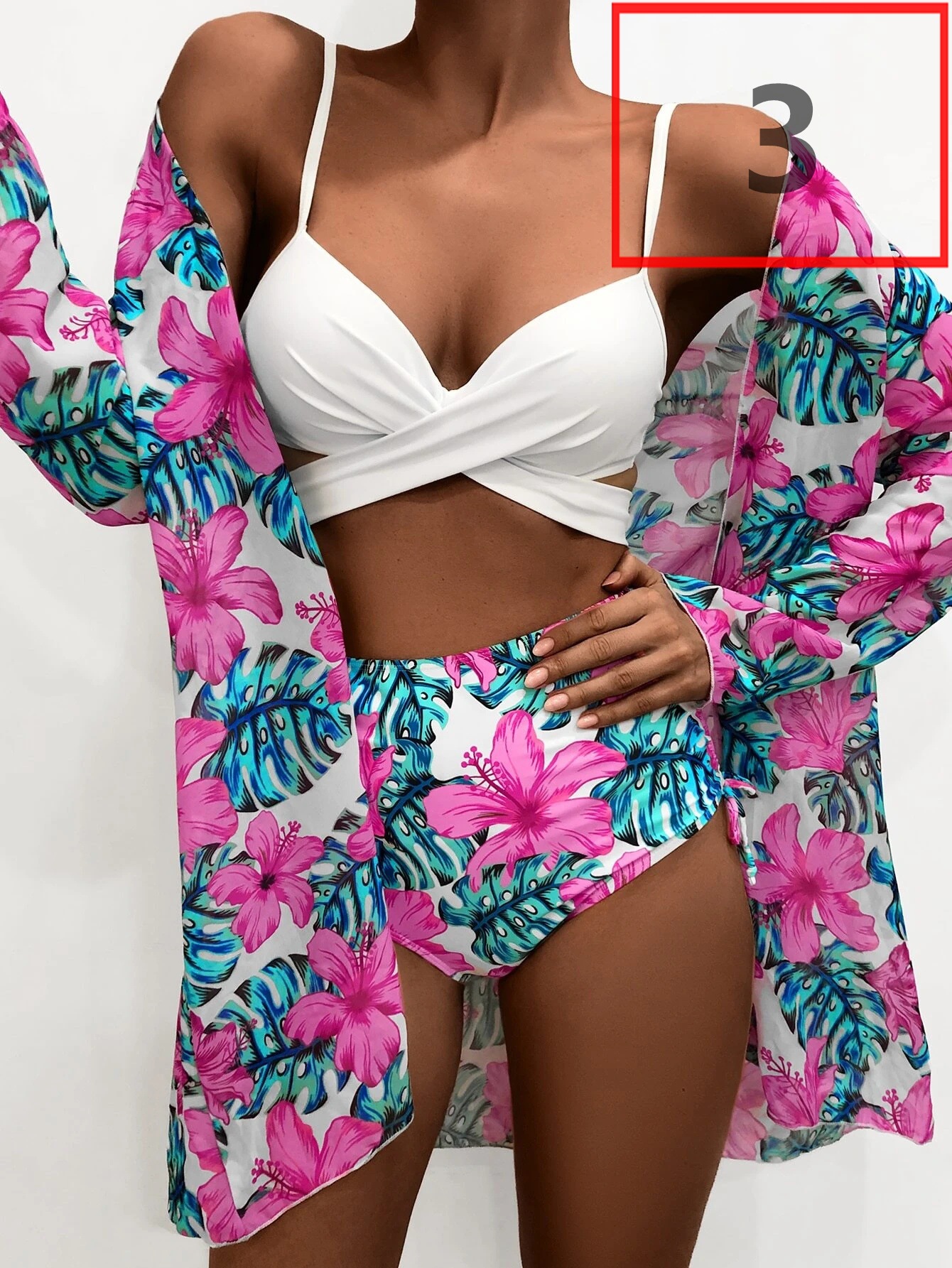 LQ2101---Bikini Sexy Push Up Mesh Three Piece Printed Split Swimsuit for Women