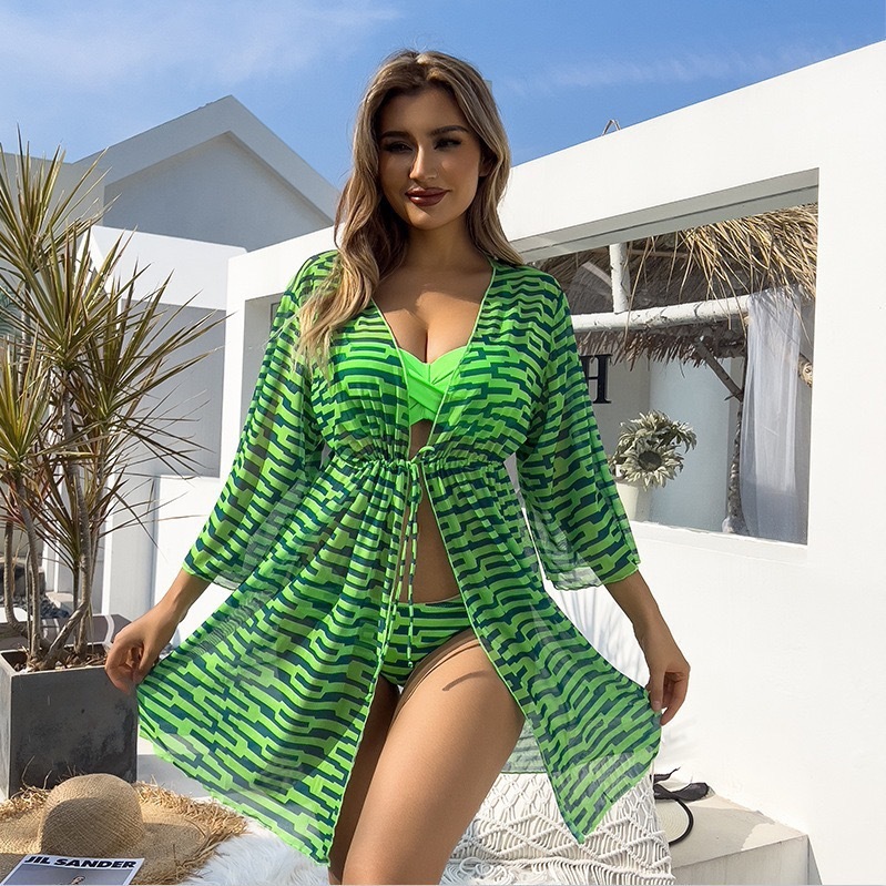 DHM22006--Mesh three-piece swimsuit for women Amazon digital print twist-on sun protection clothing