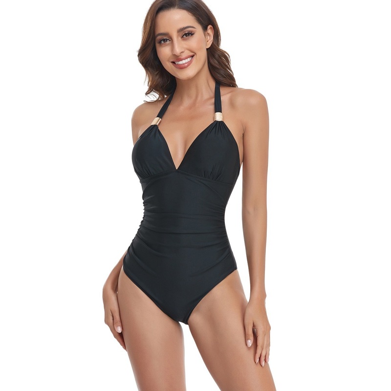CJ-0005--One-piece women's swimsuit solid color V-neck tie halterneck belly-covering slimming foreign trade swimsuit
