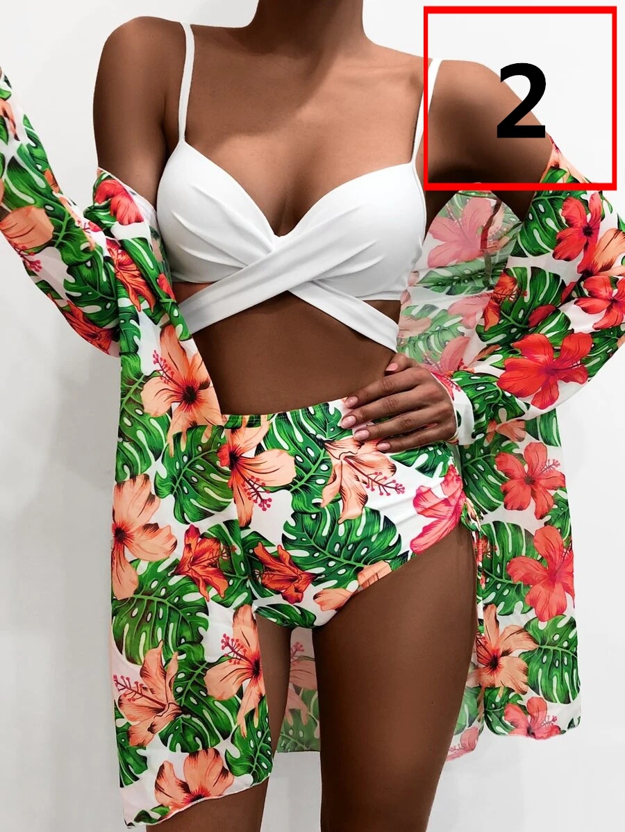 LQ2101---Bikini Sexy Push Up Mesh Three Piece Printed Split Swimsuit for Women