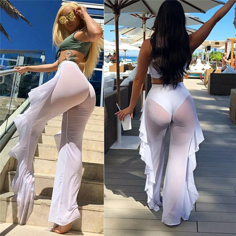 CYBK2052--Ruffled casual sexy mesh pants see-through beach vacation pants