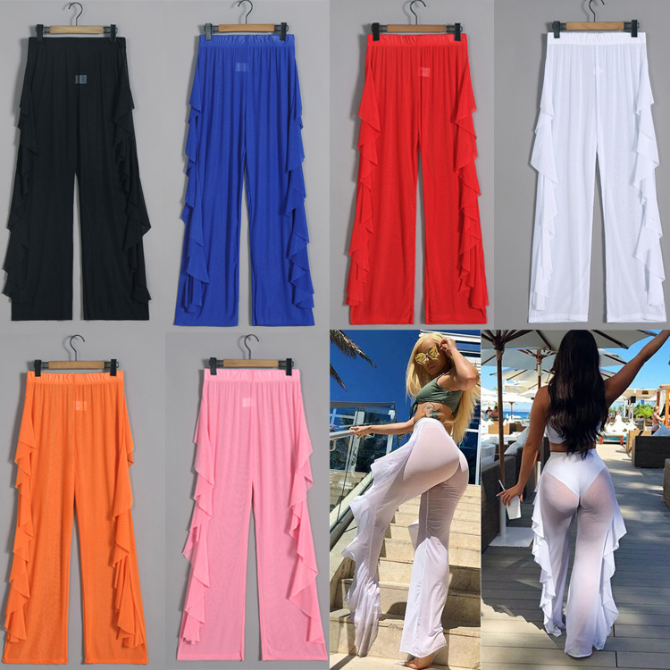 CYBK2052--Ruffled casual sexy mesh pants see-through beach vacation pants