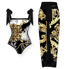 DHM24002--Double-sided retro printed mesh sun protection and light-proof gauze skirt swimsuit