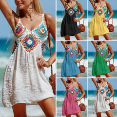 CYBK2074--Hand hook stitching colorful pattern V-neck pullover hollow breathable beach bikini cover-up