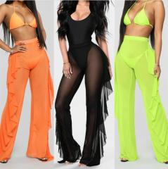 CYBK2052--Ruffled casual sexy mesh pants see-through beach vacation pants