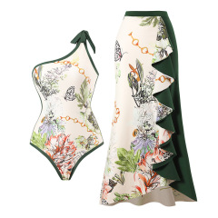 031--Elegant printed patchwork contrasting color beach sun skirt one-shoulder two-piece swimsuit