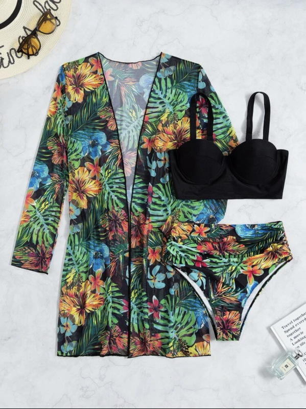 PC303--Sexy mesh bikini three-piece push-up split printed swimsuit for women