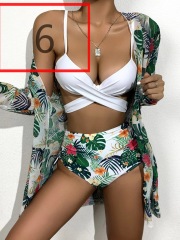 LQ2101---Bikini Sexy Push Up Mesh Three Piece Printed Split Swimsuit for Women