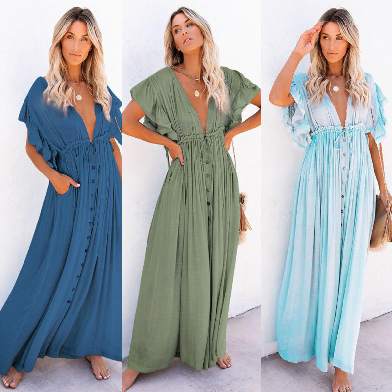 FH1068--Popular slub fabric buttoned drawstring long skirt sun protection beach cover-up