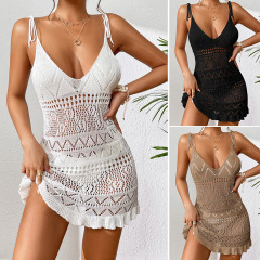 CYBK4194B--Short knitted sling deep V see-through sexy hollow jumpsuit knitted beach skirt