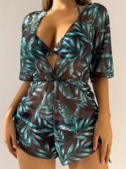 DL2309--European and American three-piece bikini leaf print waist tie fashion long-sleeved beach anti-skin swimsuit