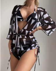 DL2309--European and American three-piece bikini leaf print waist tie fashion long-sleeved beach anti-skin swimsuit