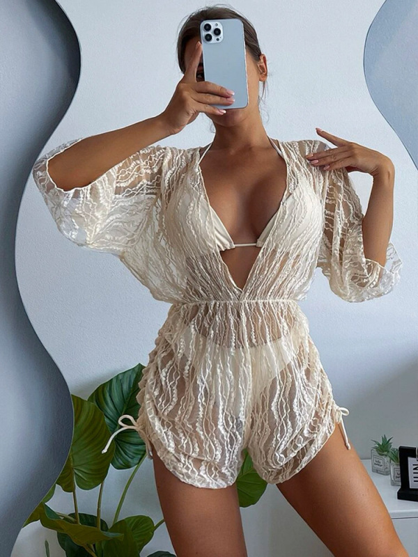 PC302--Long-sleeved mesh corset swimsuit for women high-waisted drawstring European and American sun protection cover-up three-piece bikini