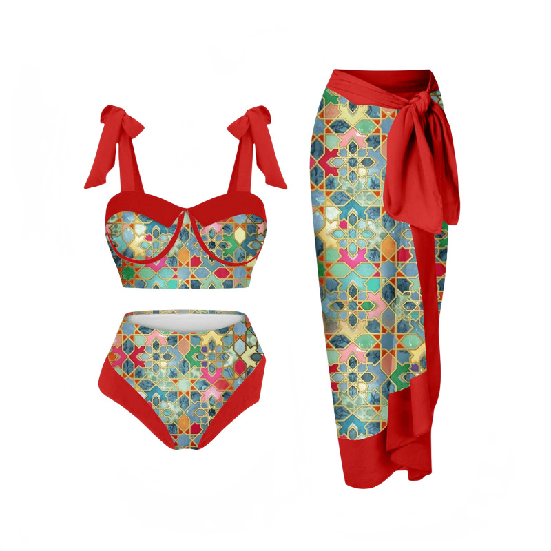 FK2055-2--Three-piece mesh long skirt swimsuit for women with digital print conservative swimwear bikini