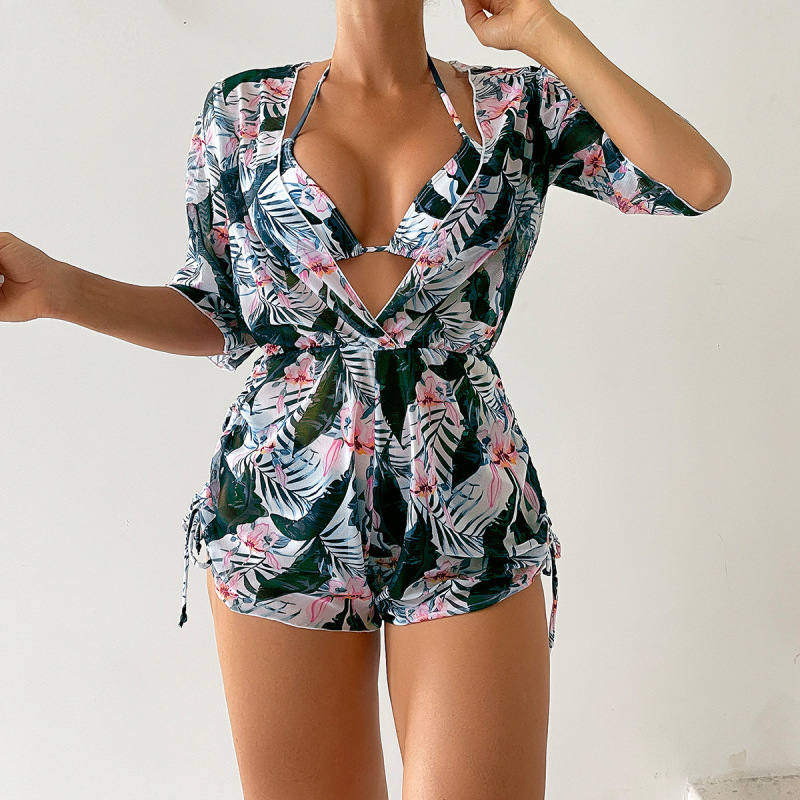 DL2309--European and American three-piece bikini leaf print waist tie fashion long-sleeved beach anti-skin swimsuit