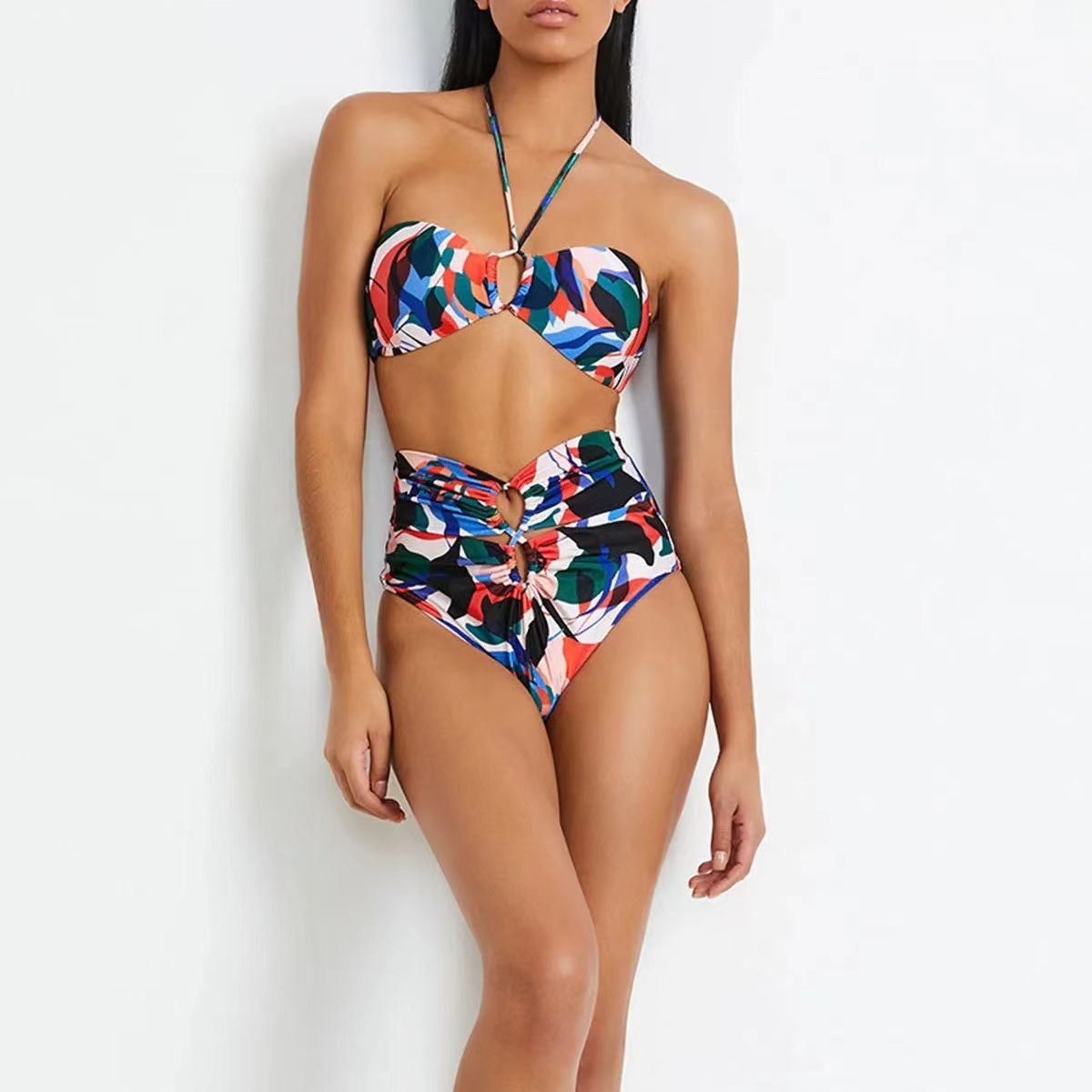 DHMZ03--European and American halter neck high waist sexy bikini set beach spa swimsuit for women
