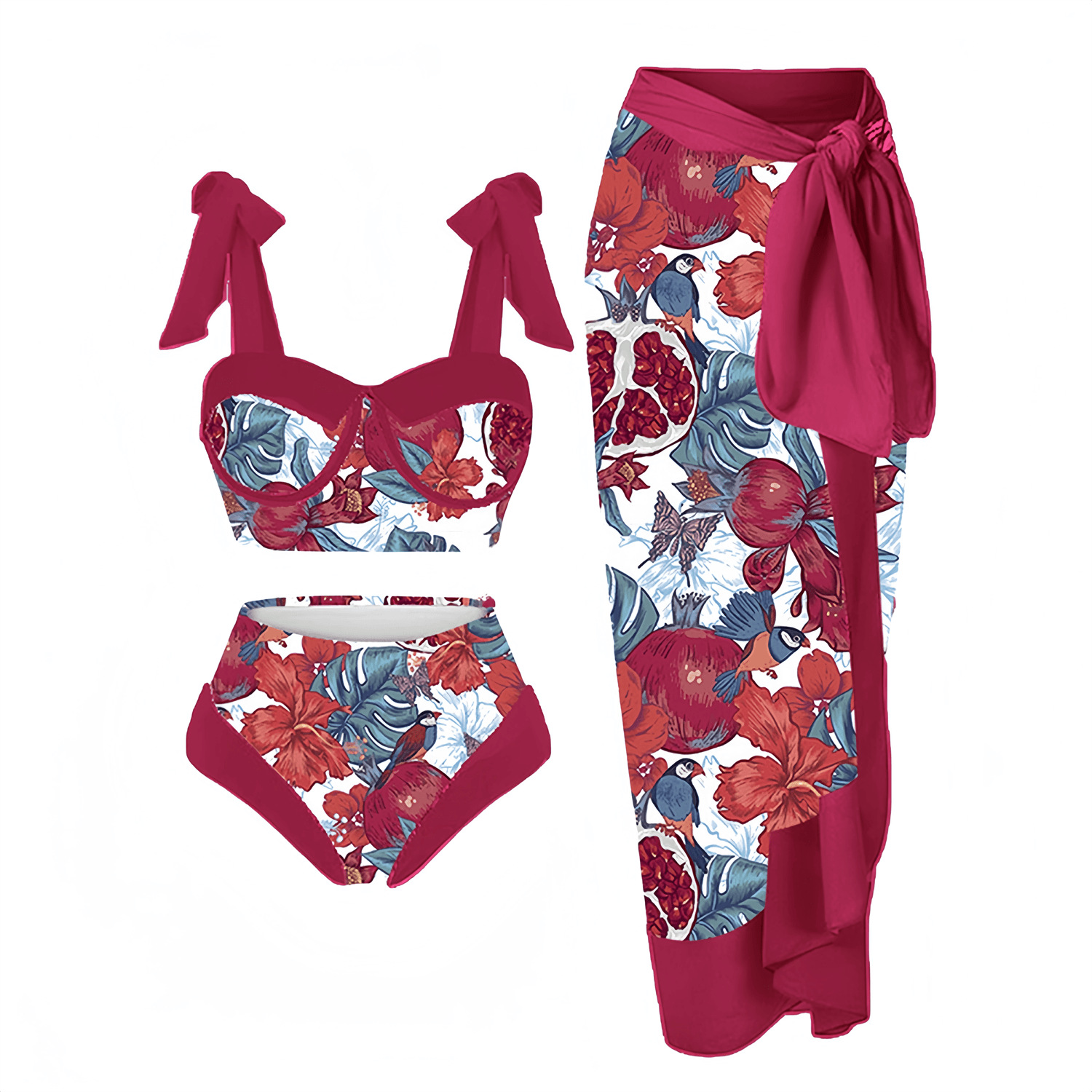 FK2055-2--Three-piece mesh long skirt swimsuit for women with digital print conservative swimwear bikini