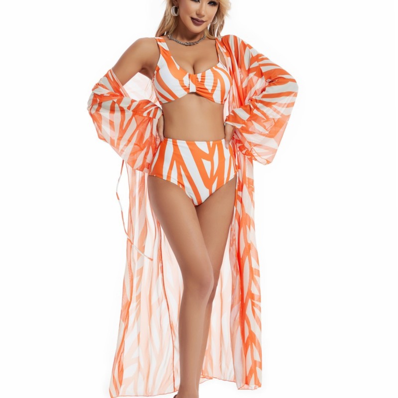 2326--Maillot de bain trois pièces fendu à la mode, imprimé rayé, protection solaire