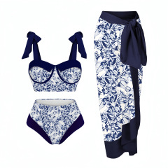 FK2055-2--Three-piece mesh long skirt swimsuit for women with digital print conservative swimwear bikini