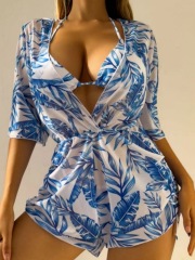 DL2309--European and American three-piece bikini leaf print waist tie fashion long-sleeved beach anti-skin swimsuit