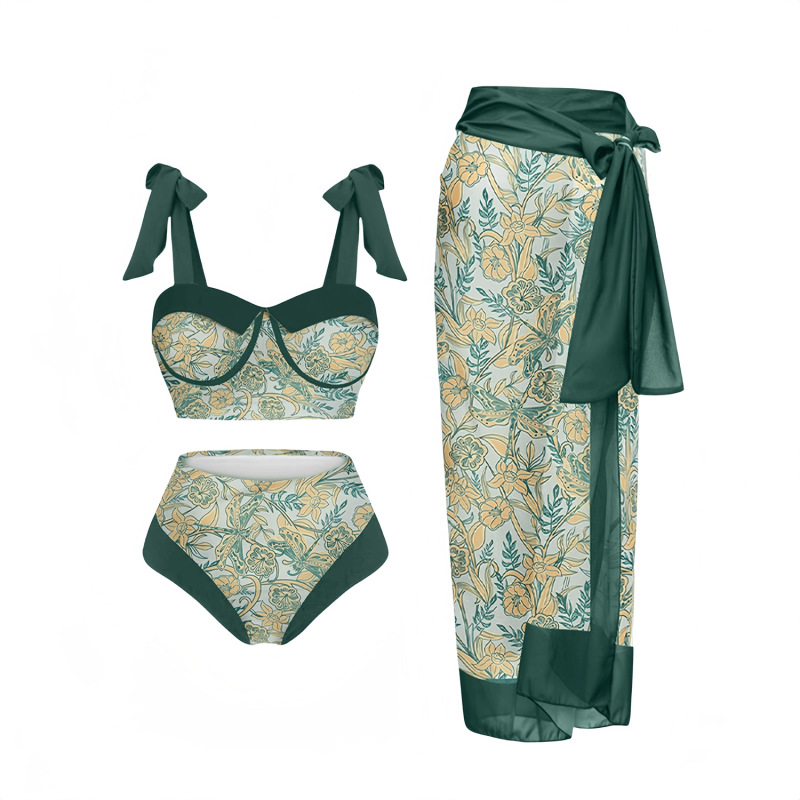 FK2055-2--Three-piece mesh long skirt swimsuit for women with digital print conservative swimwear bikini
