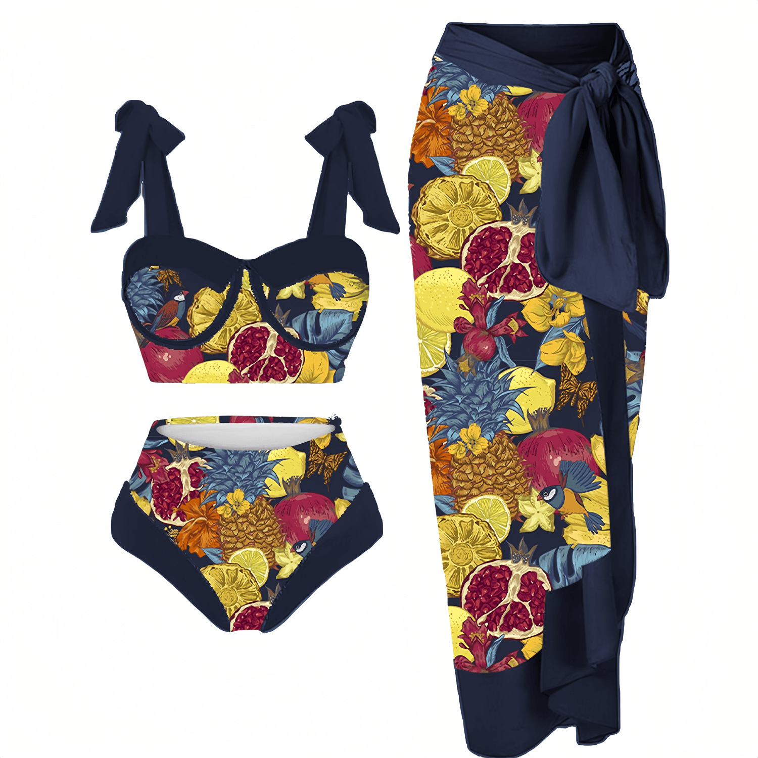 FK2055-2--Three-piece mesh long skirt swimsuit for women with digital print conservative swimwear bikini