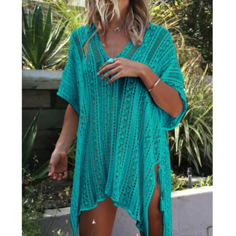 CYBK4019--Hollow V-neck loose bikini cover-up knitted beach cover-up