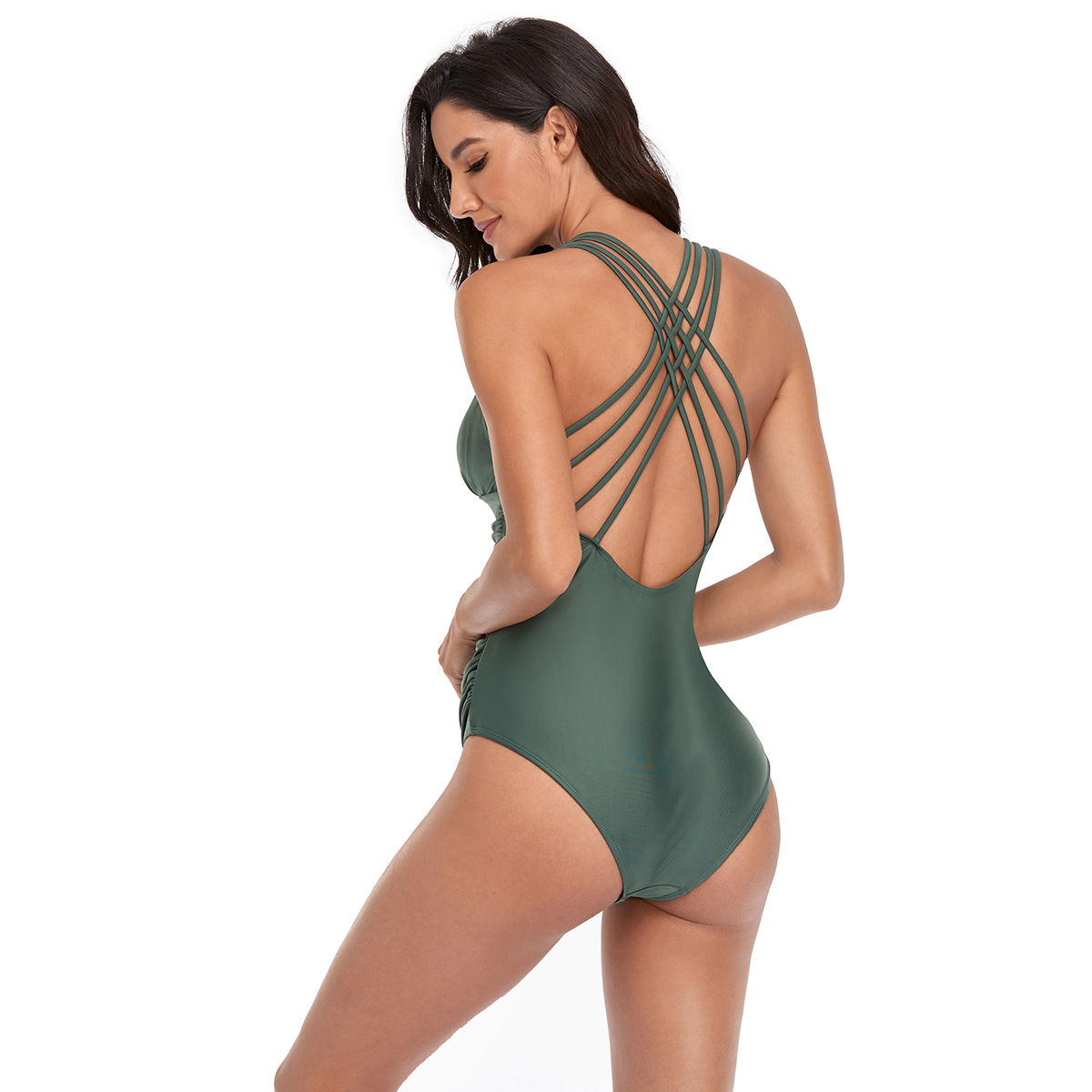 154--Solid color sexy pleated V-neck belly-covering slimming one-piece swimsuit for women