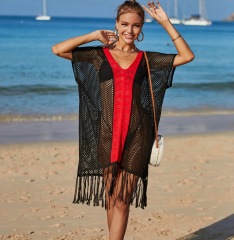 T9160--New beach cover-up hollow knitted fringed vacation bikini cover-up