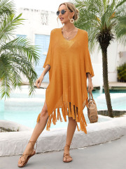 T9171--Tassel large size loose hollow beach swimsuit vacation cover-up