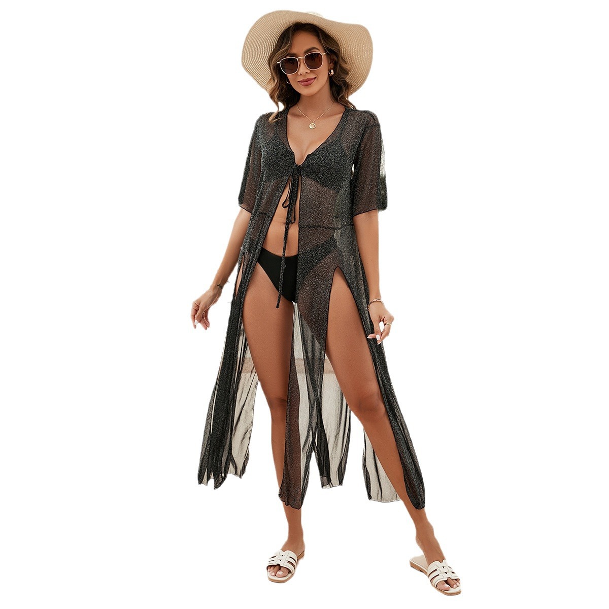 648--New beach cover-up sexy lace see-through cardigan sun protection shirt