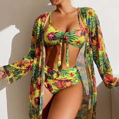 YH875--Long-sleeved cover-up, three-piece set, printed sexy swimsuit