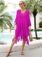 T9171--Tassel large size loose hollow beach swimsuit vacation cover-up