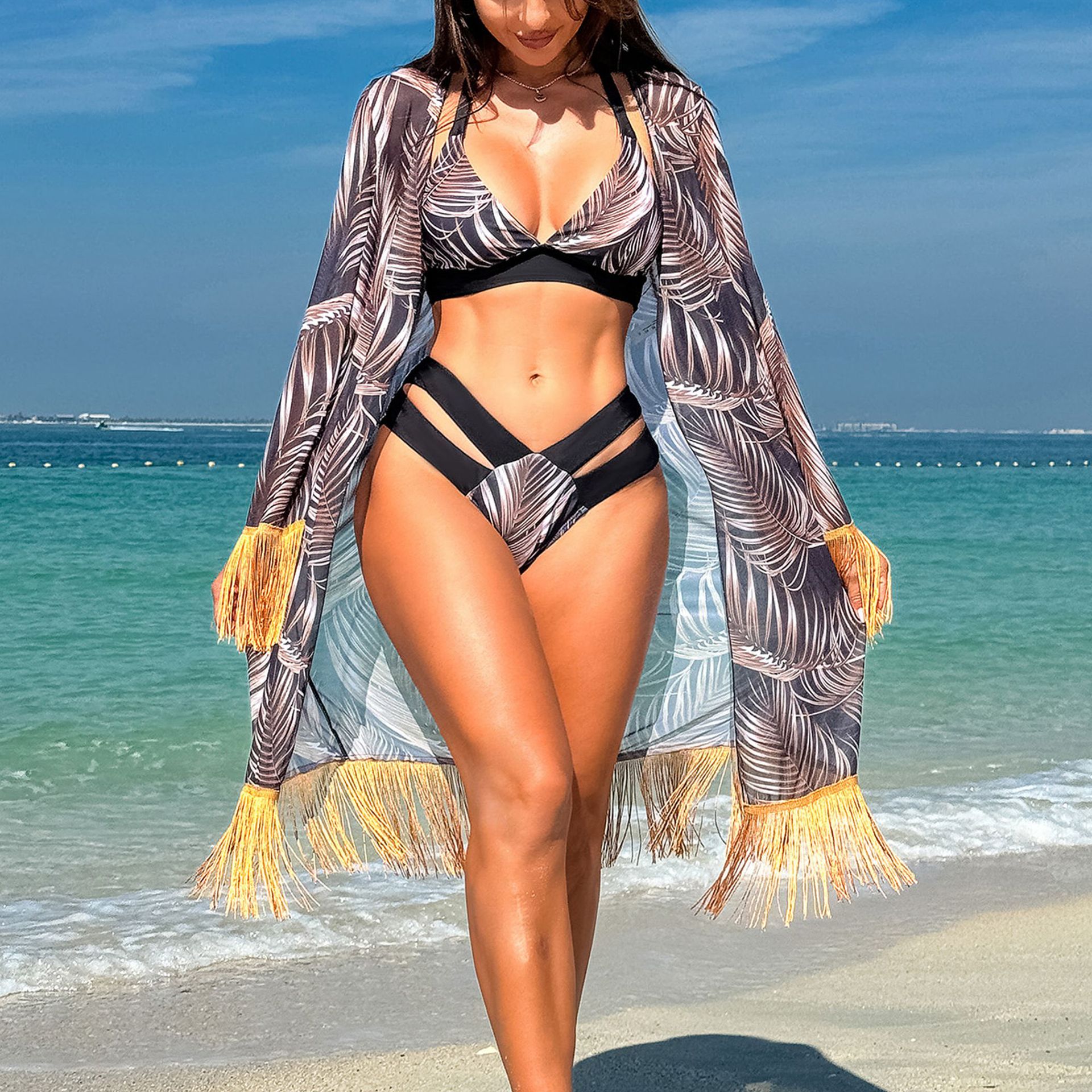 NDL2425--Popular bikini three-piece veil skirt Miami fringed swimsuit