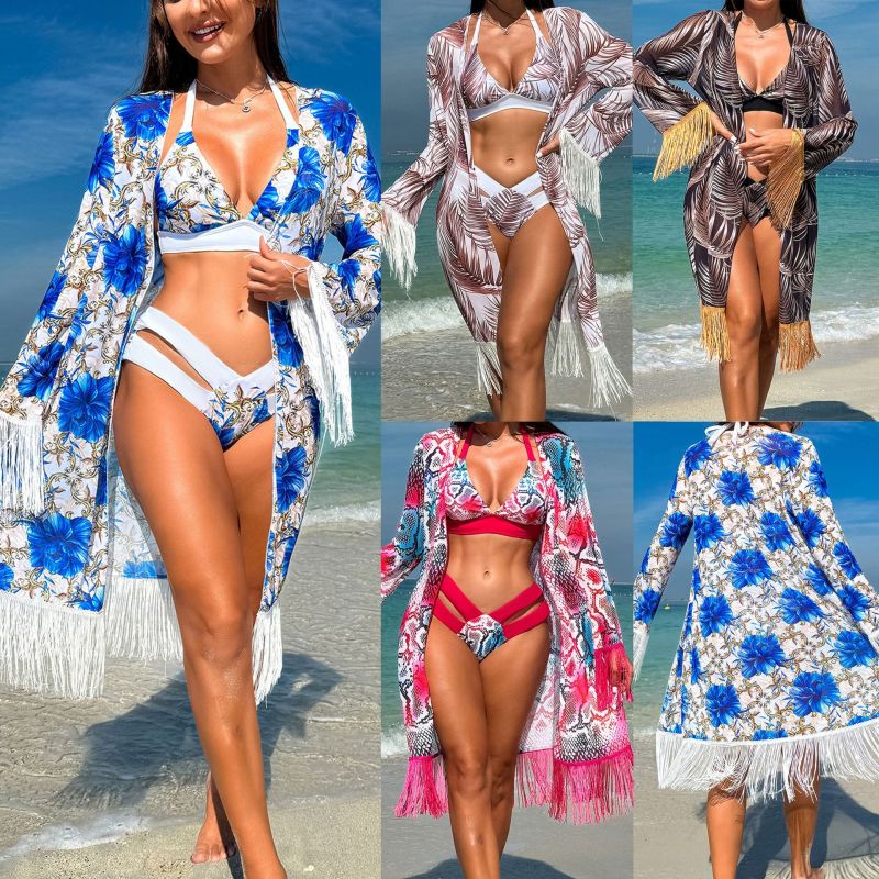 NDL2425--Popular bikini three-piece veil skirt Miami fringed swimsuit